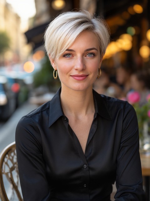 Harper, platinum pixie cut